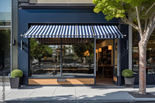 coffee shop under a chic striped awning, inviting urban ambiance on a city street.