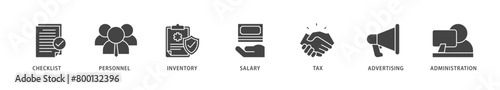 Cost reduction icons set collection illustration of checklist, personnel, inventory, salary, tax, advertising and administration icon live stroke and easy to edit 