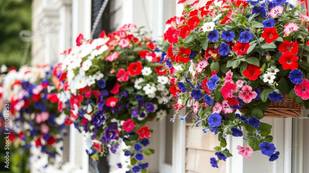Colorful Hanging Flower Baskets Adorning a White Wooden Fence