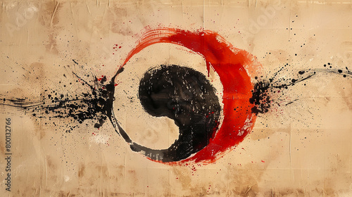 A calligraphic brushstroke painting of a yin and yang symbol capturing the essence of balance and flow with minimal lines photo