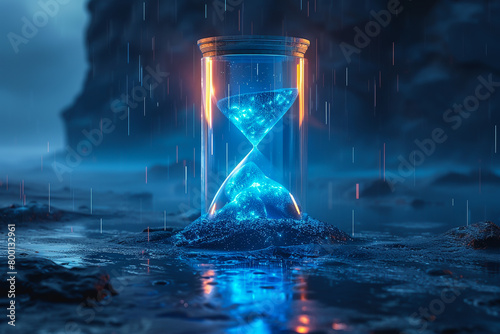 A futuristic hourglass with glowing blue sand defying gravity symbolizing the potential for manipulating time photo
