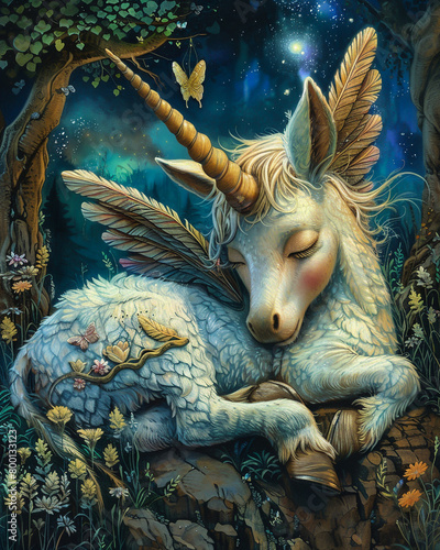 A mischievous fairy with feathered wings flitting around a sleeping unicorn with a playful smile