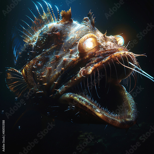 A monstrous anglerfish with a bioluminescent lure dangling from its head surrounded by razorsharp teeth in the inky blackness of the deep sea