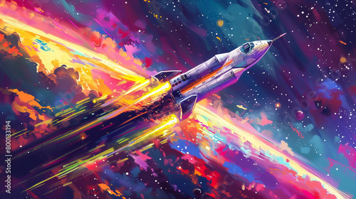 A pixel art spaceship blasting off from a retro launchpad leaving a trail of vibrant pixels in its wake photo