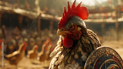 Chicken wearing roman armor ready to fight in the arena