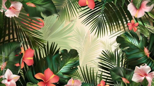 Tropical Paradise: Exotic Flowers and Lush Palm Foliage Background