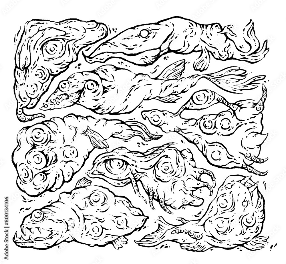 Set of Crazy Weird Fish Monsters, Black and white pattern, creative doodles, Weirdcore illustration Set of Crazy Weird Fish Monsters, Black and white pattern, creative doodles, Weirdcore illustration