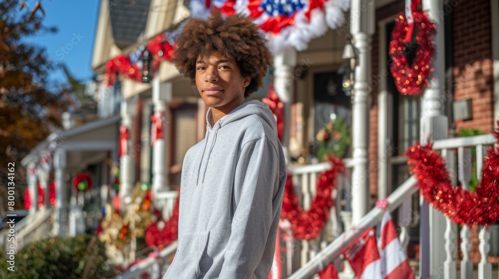 Young Man Enjoying Sunny Winter Day on Festive Decorated Porch