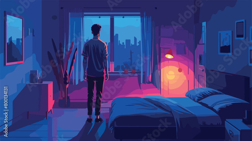 Male sleepwalker in bedroom at night Vectot style vector photo