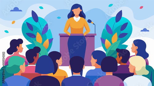 A woman speaks to a crowd at a mental health conference bravely sharing her journey of understanding and accepting her multiple identities.. Vector illustration