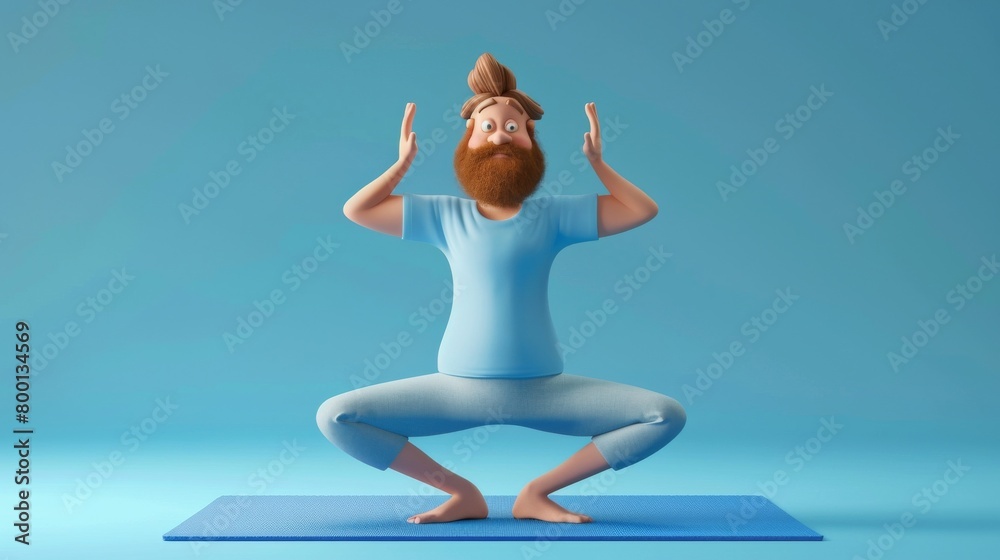 Funny bearded man do yoga exercises on matt. 3d character isolated on blue background Funny bearded man do yoga exercises on matt. 3d character isolated on blue background