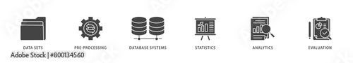 Data mining icons set collection illustration of data sets, pre processing, database systems, statistics, analytics and evaluation icon live stroke and easy to edit 