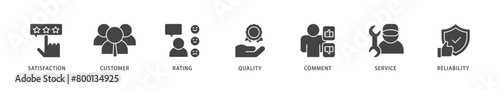 Feedback icons set collection illustration of satisfaction, customer, rating, quality, comment, service and reliability icon live stroke and easy to edit 