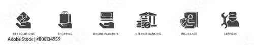 Financial service icons set collection illustration of key solutions, shopping, online payments, internet banking, insurance and services icon live stroke and easy to edit 