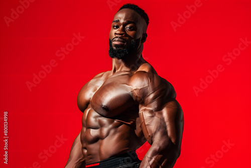 A bodybuilder displaying muscle definition, wearing athletic gear, set against a motivation red background  © STUDIO COLORS