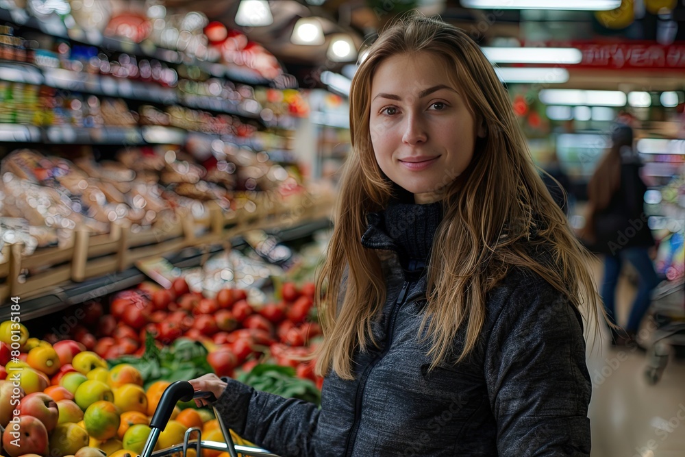 A woman is shopping in a grocery store. She is smiling and holding a shopping cart. The store is filled with fresh produce, including apples, oranges, and broccoli