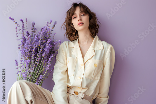 A fashion model presenting a casual chic ensemble, her natural elegance emphasized by the soft contours of the clothing, set against a pastel lavender background