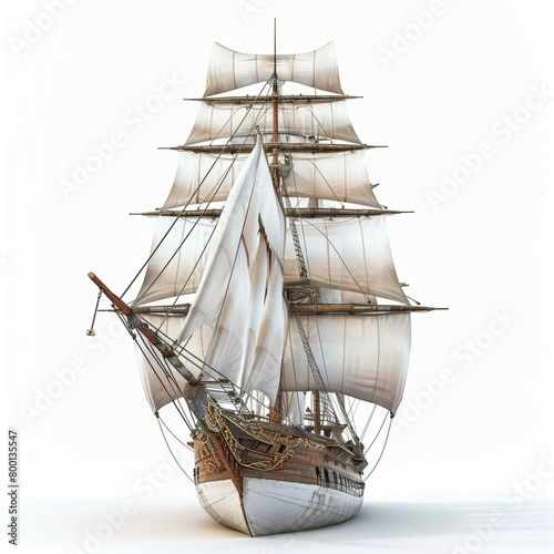 3D vector illustration of vintage sailing ship over white background