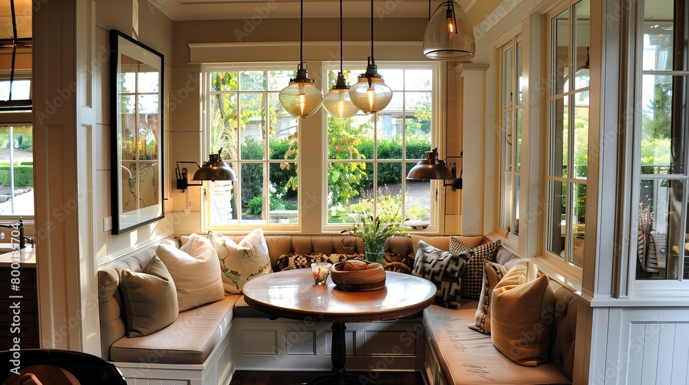 A cozy breakfast nook with a built-in banquette, round table, and pendant lighting.