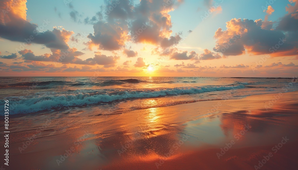 Panoramic tropical beach sunset  tranquil seascape with golden sky and calm sand