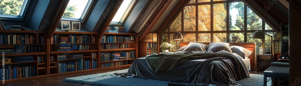 A cozy well-lit attic bedroom with large windows