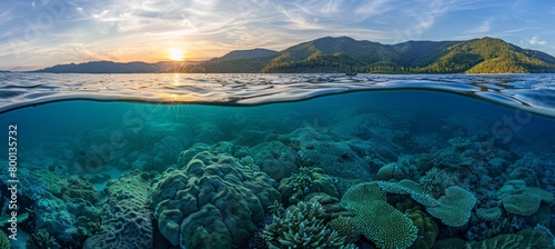 Golden hour sunset at great barrier reef, queensland  split view coral marine ecosystem seascape photo