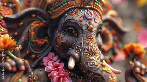 3D Ganesh with colorful floral patterns festive and detailed