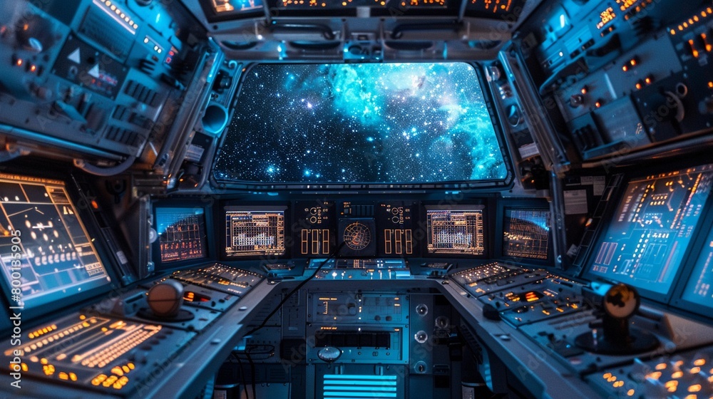 Fototapeta premium Astronaut robot at control panel starry cosmos reflection