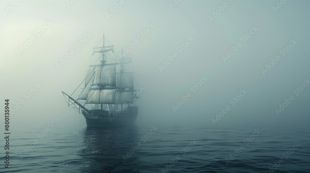 Sailing ship in sea water in heavy fog. Sailing ship in sea water in heavy fog.