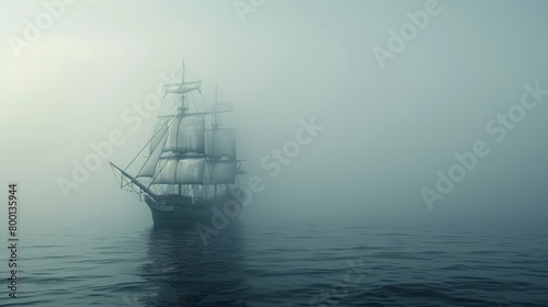 Sailing ship in sea water in heavy fog.