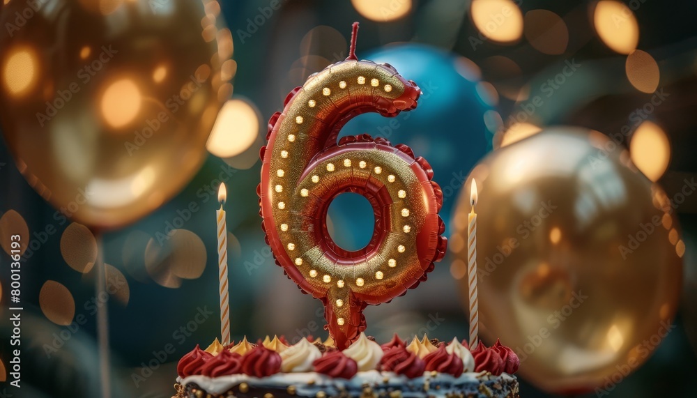 Naklejka premium Celebratory cake with number 6 candle, balloons, and decorations for celebration
