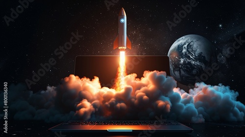 Laptop with rocket launch digital innovation concept photo