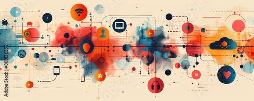 Abstract technology concept with connectivity and network icons in a colorful digital art style
