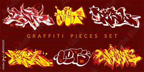 Trendy Abstract Colorful Urban Graffiti Pieces Or Street Art Lettering Vector Illustration Set