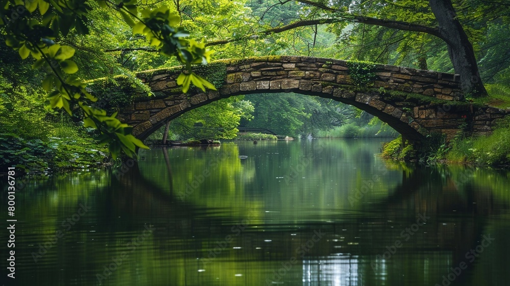 Stone bridge over calm lake lush foliage