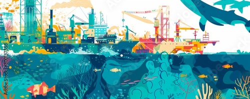 Colorful illustration showing offshore drilling impact on marine life with vivid underwater and industrial scenes photo