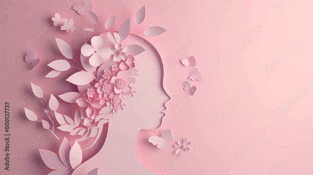 Paper cut of a female head with flowers and butterflies. 3d rendering. Mother's day celebration card.