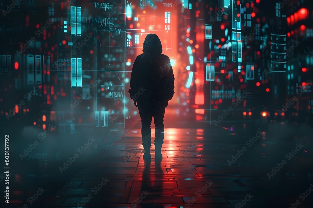 An illustration of a solitary figure walking through a neon-lit, cyberpunk cityscape with floating digital interfaces and a reflective wet street surface, evoking a futuristic urban environment An illustration of a solitary figure walking through a neon-lit, cyberpunk cityscape with floating digital interfaces and a reflective wet street surface, evoking a futuristic urban environment