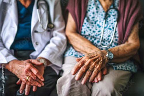 Close up of senior woman and doctor sitting on sofa in hospital.