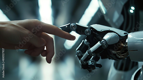An intimate moment captured as a human finger delicately touches the finger of a robot, illustrating the unity and understanding between different forms of intelligence.