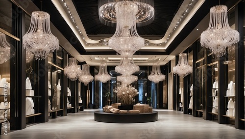Luxury crystal chandelier lighting in shop hall photo