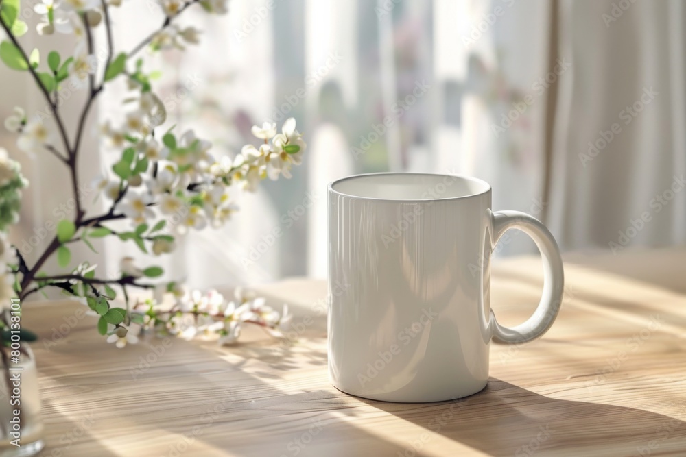White Blank Mug Mockup in Photographic Scene created with Generative AI White Blank Mug Mockup in Photographic Scene created with Generative AI