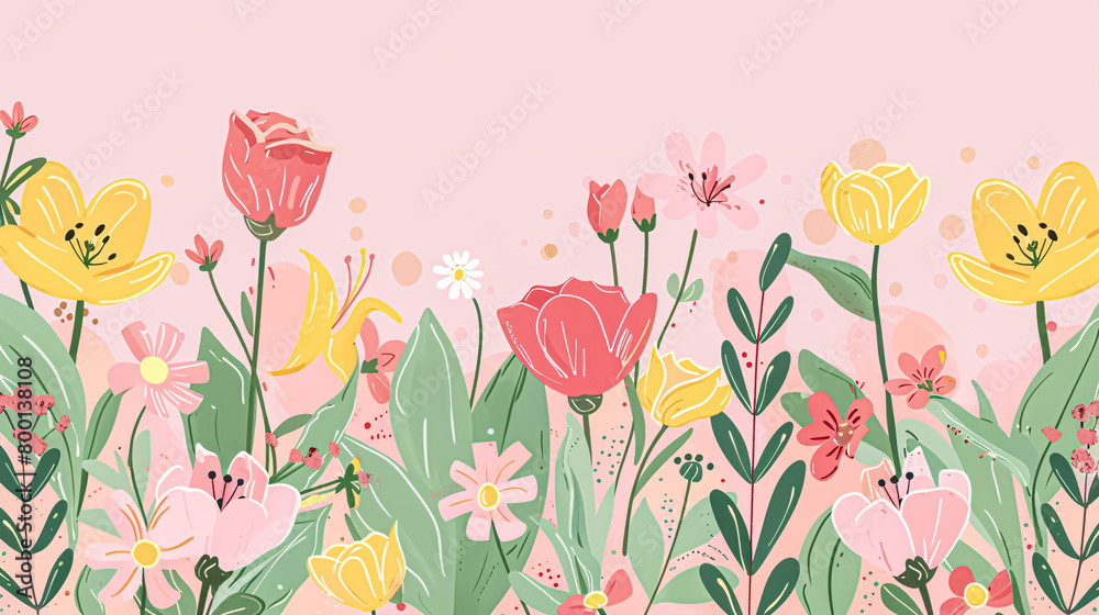Spring floral background with tulips and daisies. Vector illustration