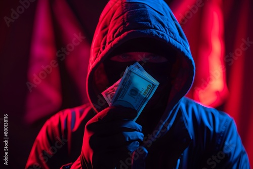 A photo of a masked individual in a hooded jacket, holding a fan of hundred-dollar bills, with a sinister red light casting dramatic shadows, conveying themes of illicit gain photo