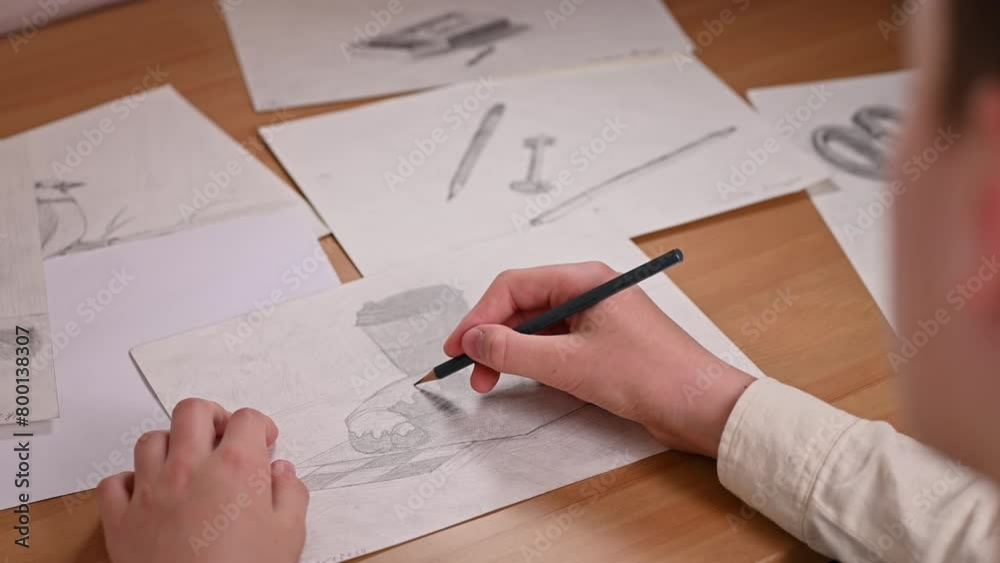 A teenager draws with a pencil on white paper. The picture shows a croissant and a paper cup. A teenager draws with a pencil on white paper. The picture shows a croissant and a paper cup.