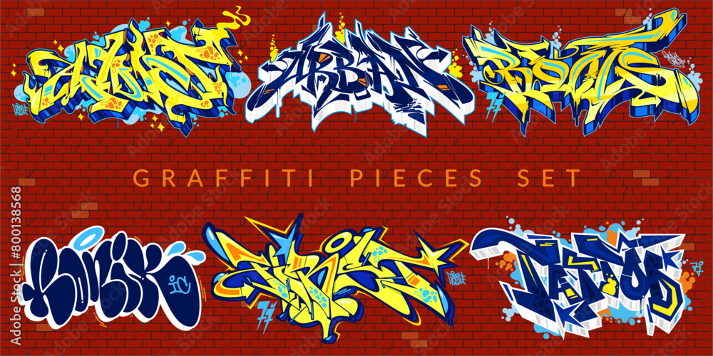 Trendy Abstract Colorful Urban Graffiti Pieces Or Street Art Lettering Vector Illustration Set