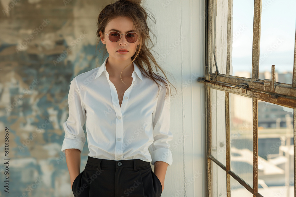 Effortlessly Chic: A fashion-forward individual exudes casual elegance in a relaxed yet refined ensemble, combining tailored pieces with laid-back staples. A crisp white shirt is p