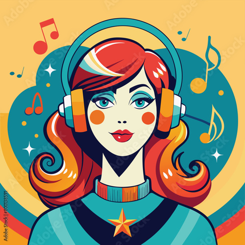 Retro girl listening music from headphone