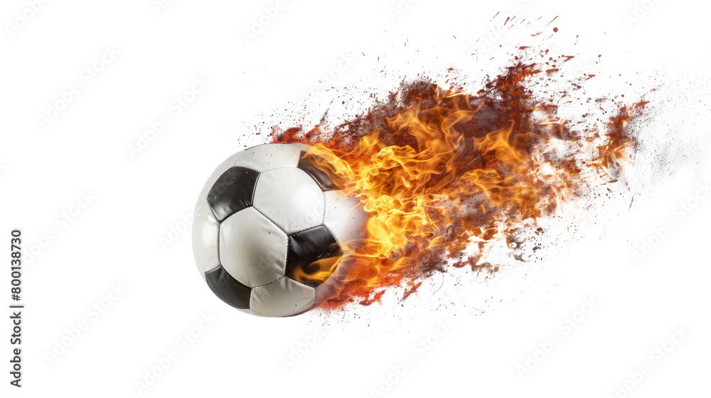 soccer ball flying with burning fire flame, isolated on white