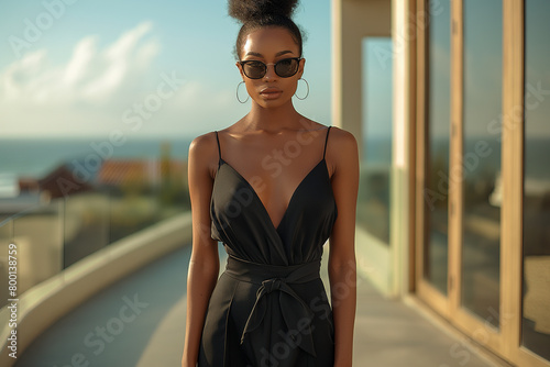 Effortless Sophistication: A style-savvy individual exudes effortless sophistication in a minimalist ensemble featuring clean lines and luxurious fabrics. A sleek jumpsuit is paire photo